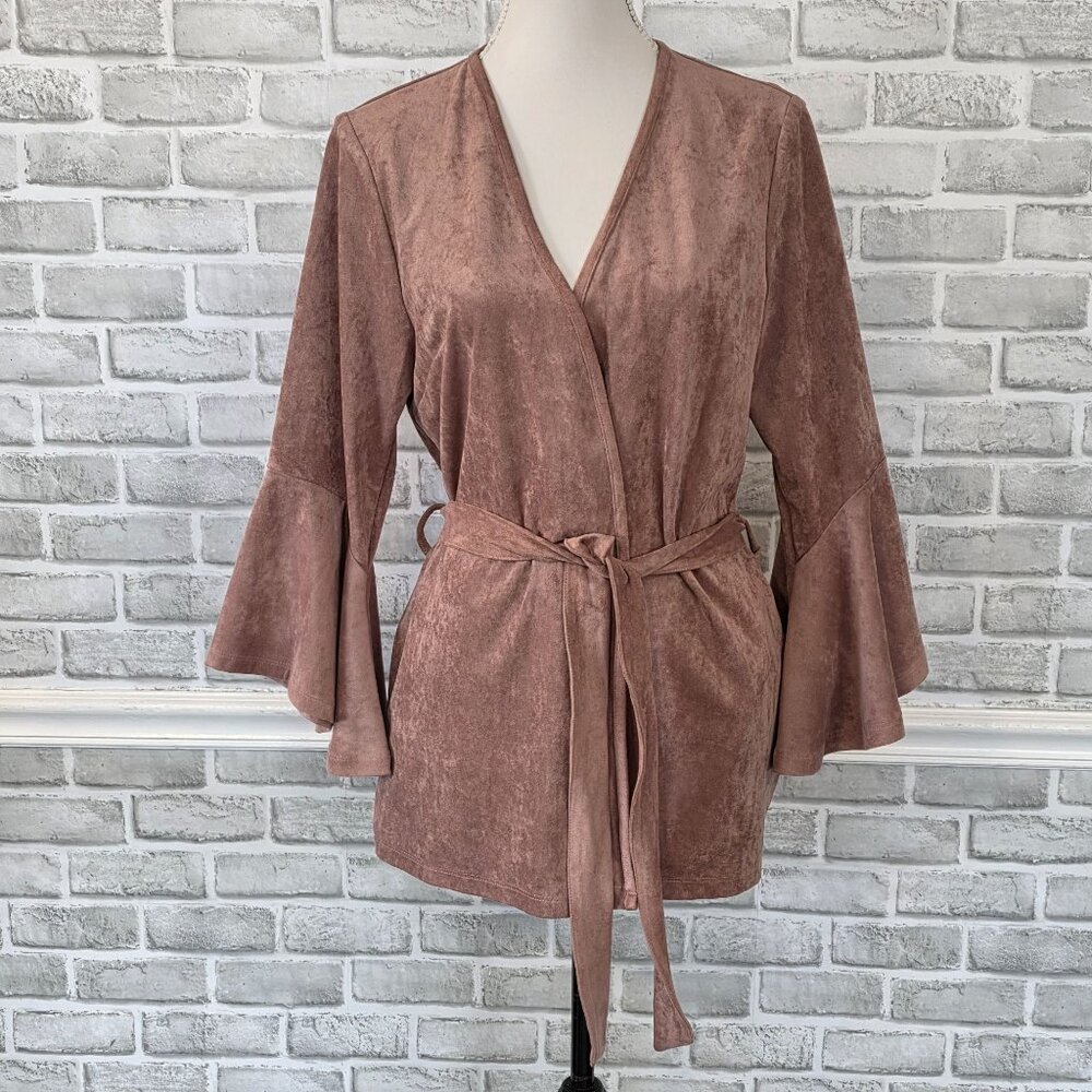 Kut From the Kloth Faux Suede Belted Jacket Dusty Rose Bell Sleeve Pocket Cozy